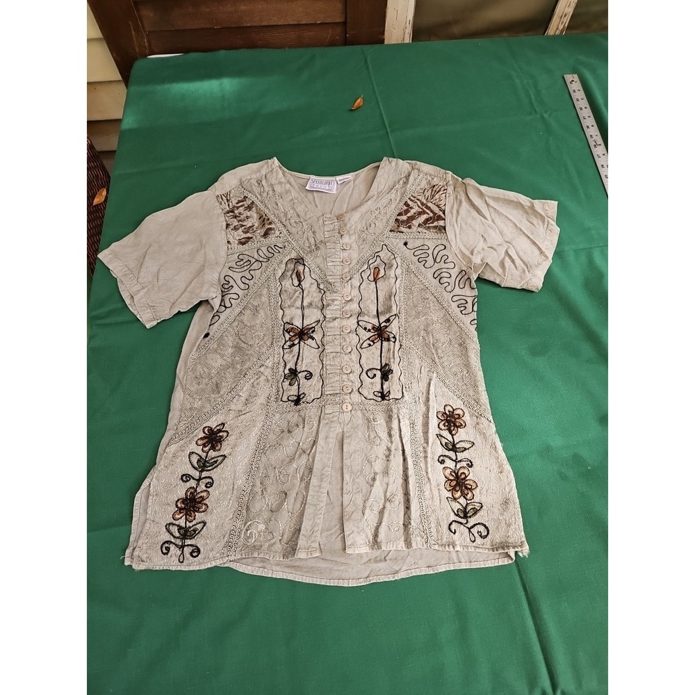 VINTAGE 80s Bohemian Shirt Crochet Fringe Boho Artsy Rayon LG